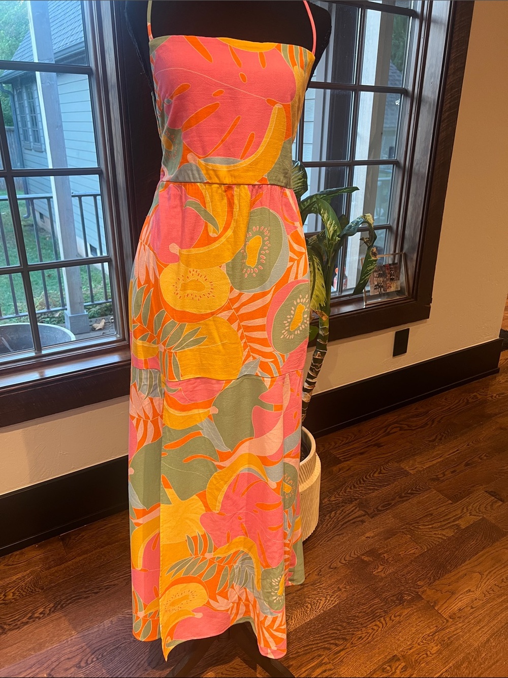 Strapless Tropical Print Apron Dress - Pink & Yellow